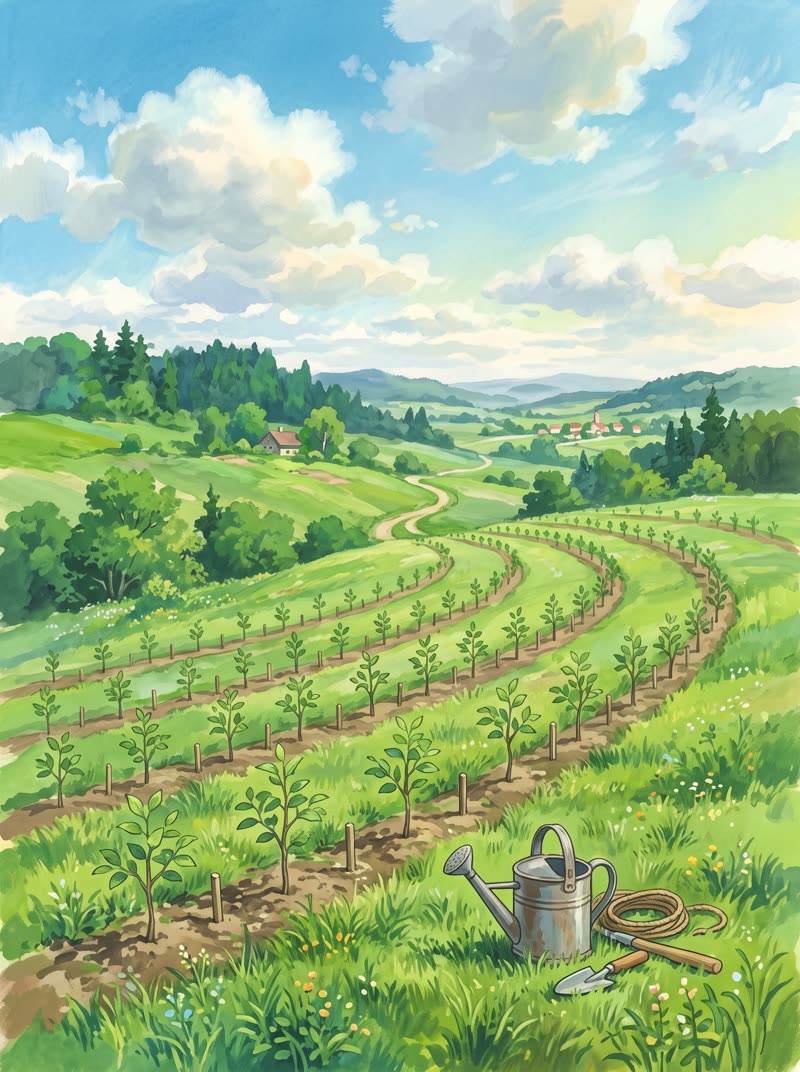 Young trees planted on a hillside